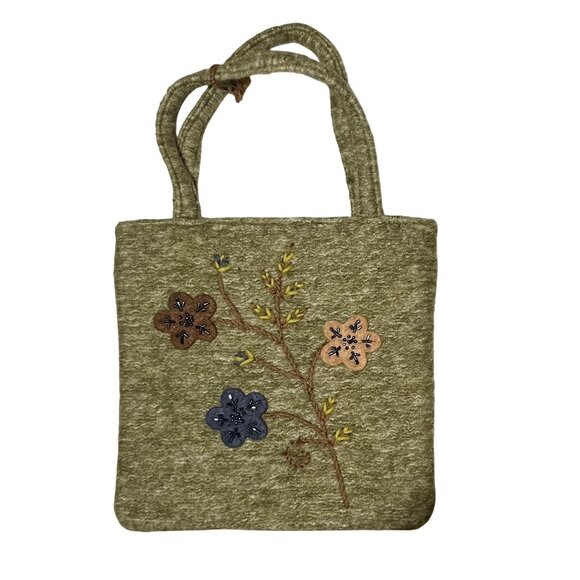 Handcrafted Guess Purse Floral Small Tote Bag Embroidery Green - Picture 1 of 6